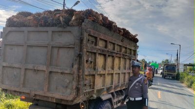 Anggota Satlantas Polres Sambas mengecek kendaraan bermuatan, Selasa (10/6/2025). Dok. HO/ivory-pony-739786.hostingersite.com